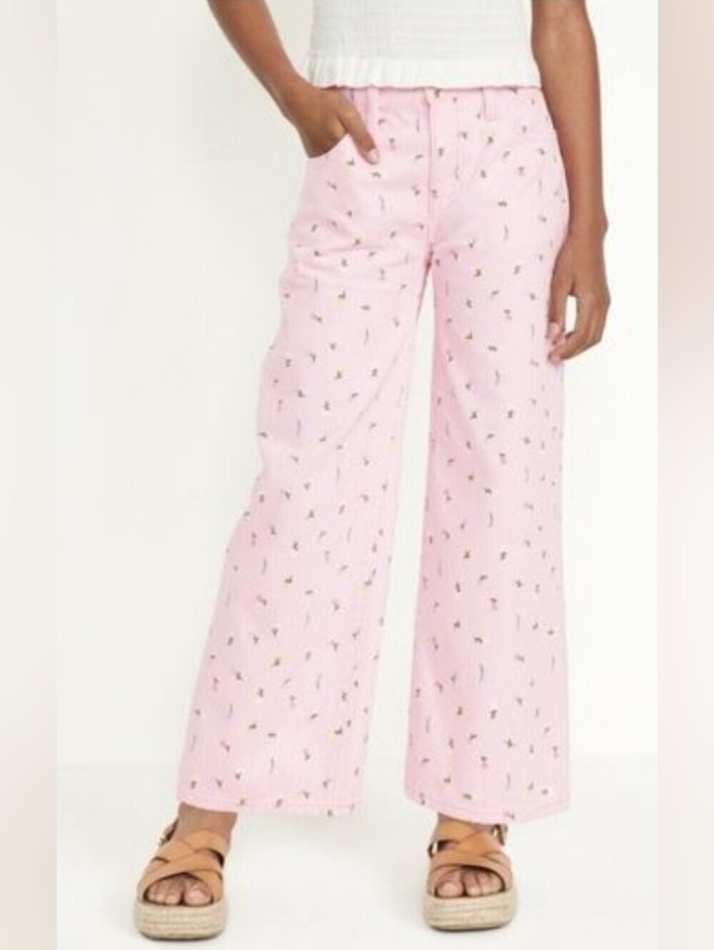 Old Navy Girls Floral High Rise Baggy Wide Leg Jeans Size 12 Pink Cotton